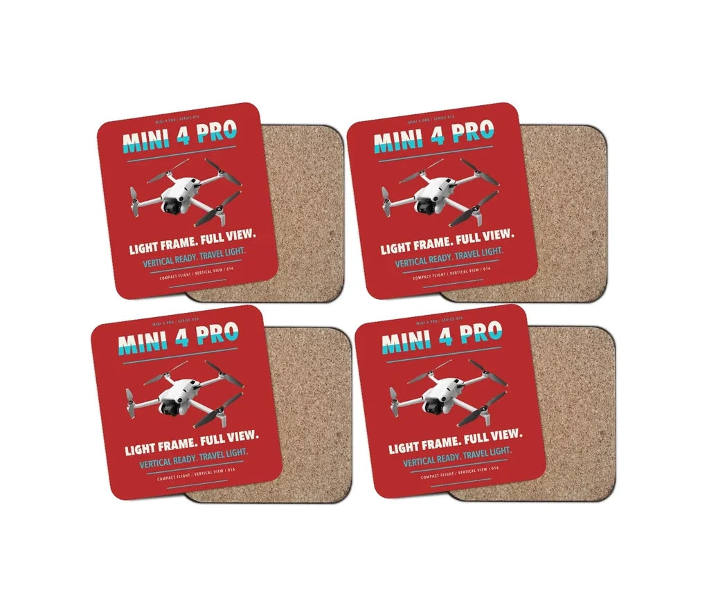 DJI Mini 4 Pro design on red 4 pieces set coaster