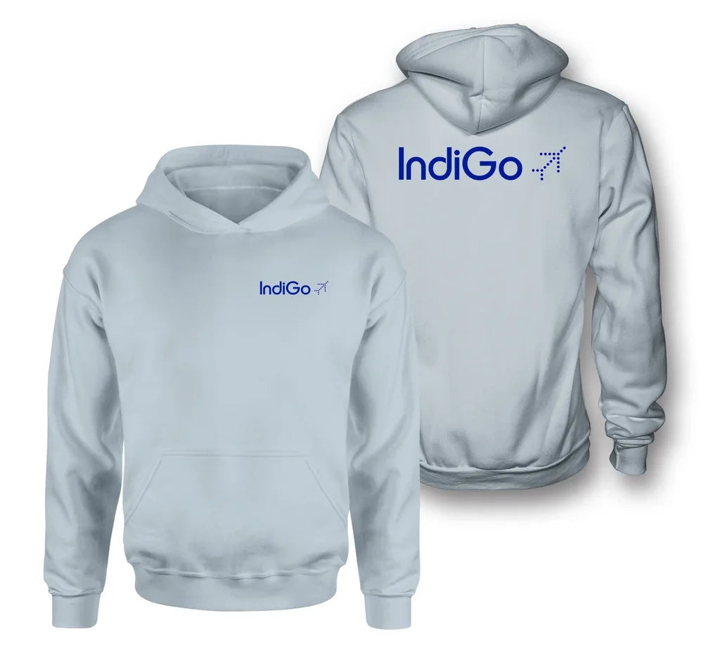 Indigo Airlines logo on light blue double side hoodie