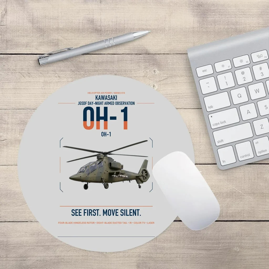 Kawasaki OH-1 design on light gray round mouse pad