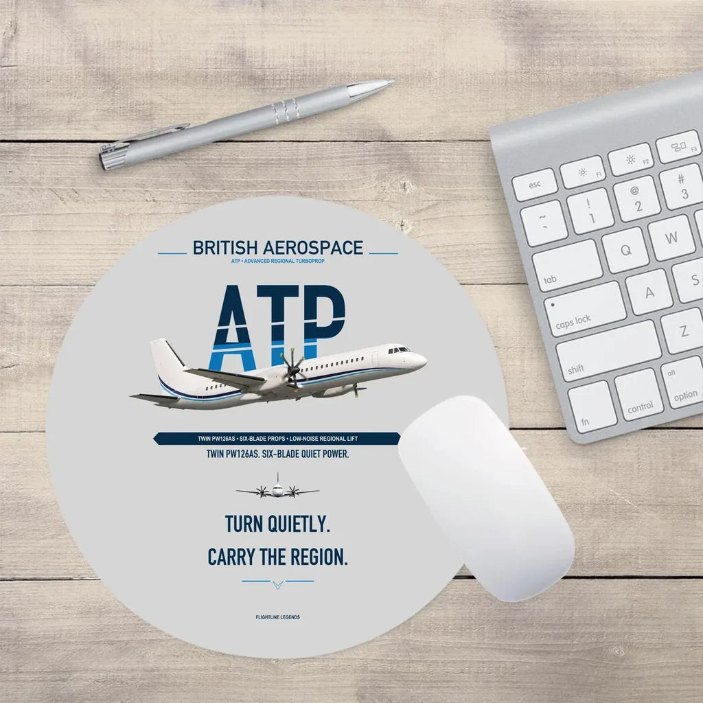 British Aerospace ATP design on light gray round mouse pad