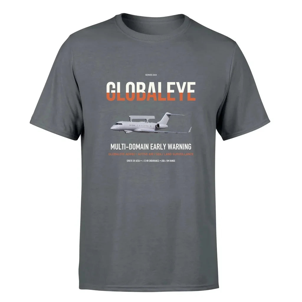 Saab GlobalEye design on gray double-side t-shirt, single-side print