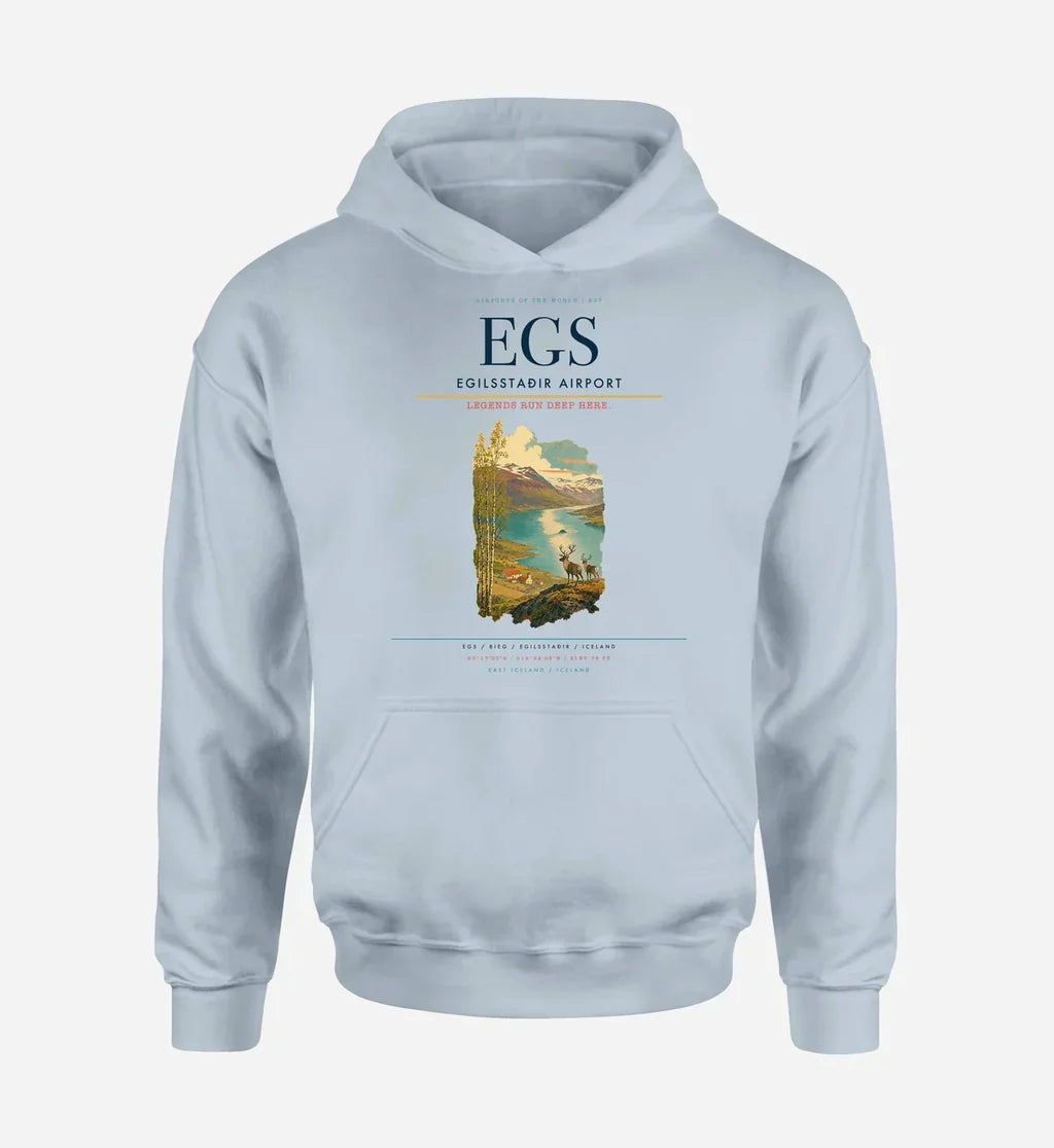 Egilsstaðir Airport (EGS) design on light blue hoodie single-side print