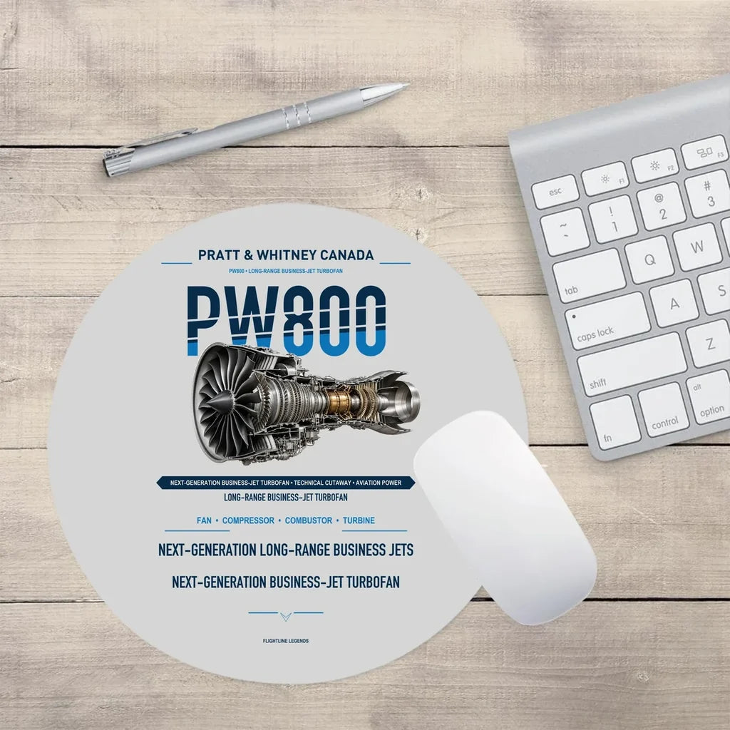PW800 design on light gray round mouse pad