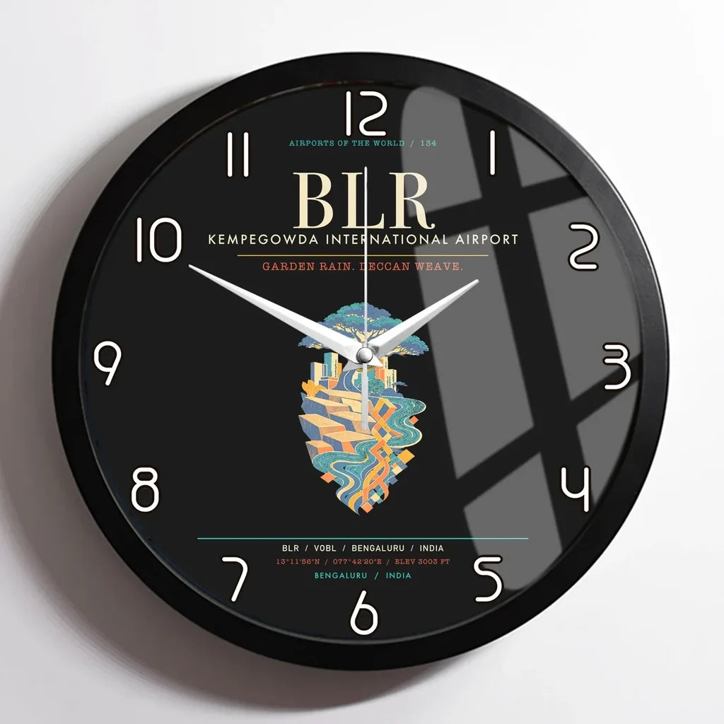 Kempegowda International Airport Bengaluru BLR - Deccan Garden Silk Loom Wall-Clock Framed - Black