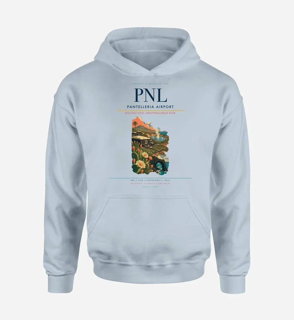 Pantelleria Airport (PNL) design on light blue hoodie single-side print