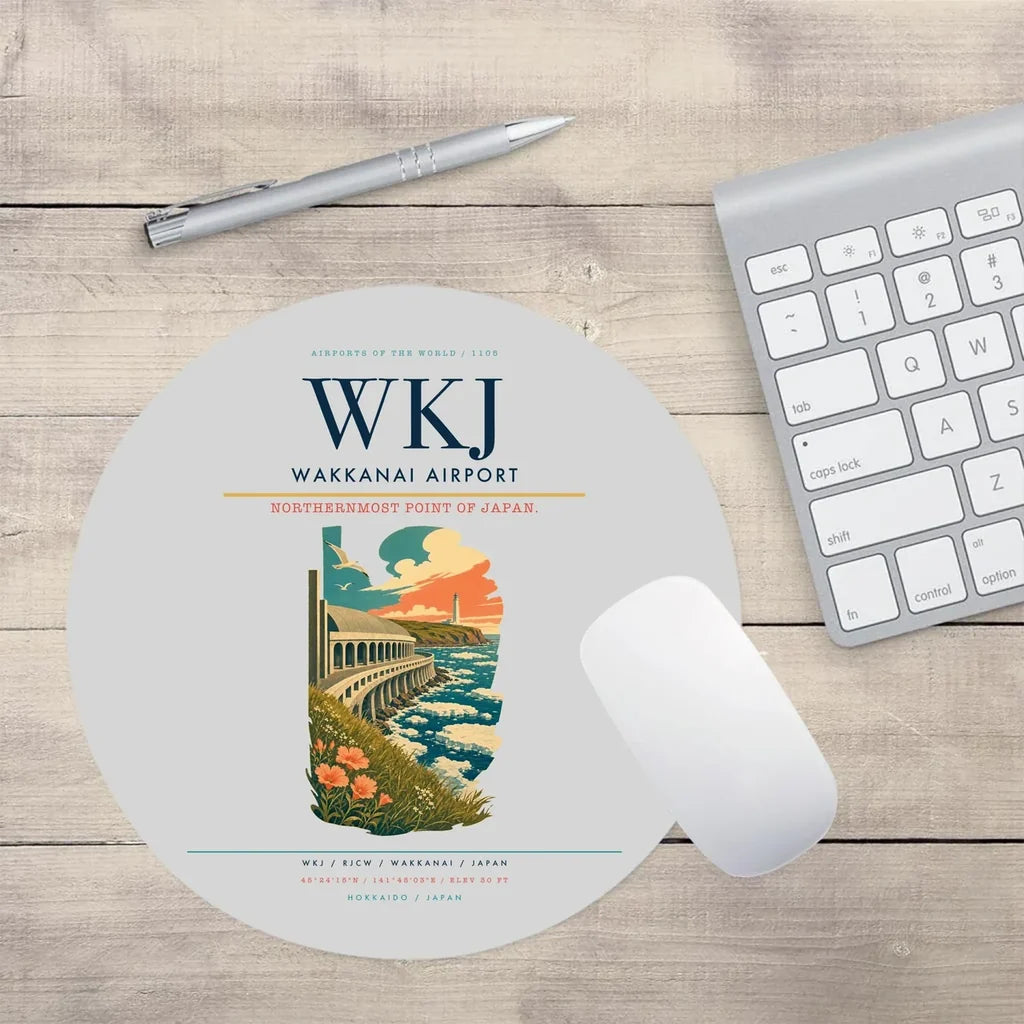 Wakkanai Airport (WKJ) design on light gray round mouse pad