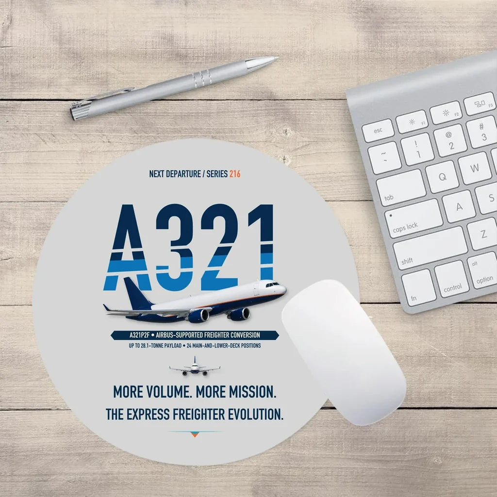 Airbus A321P2F design on light gray round mouse pad