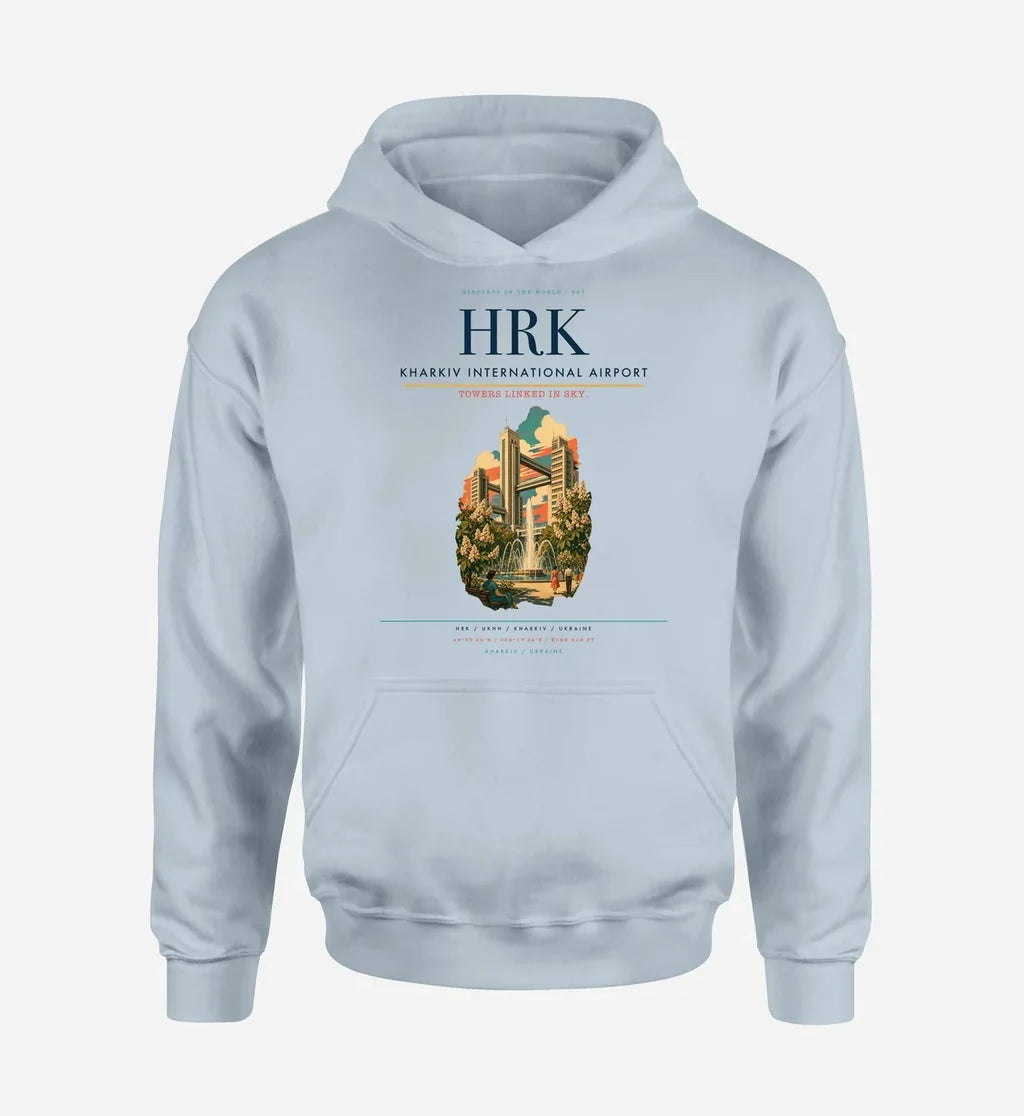 Kharkiv International Airport (HRK) design on light blue hoodie single-side print