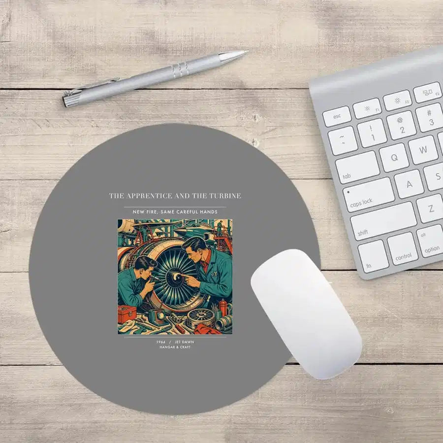 VINTAGE G4470 - The Apprentice And The Turbine - Designed Mouse Pads design on gray round