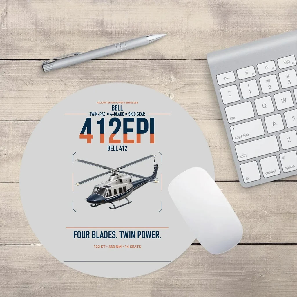 Bell 412EPI design on light gray round mouse pad