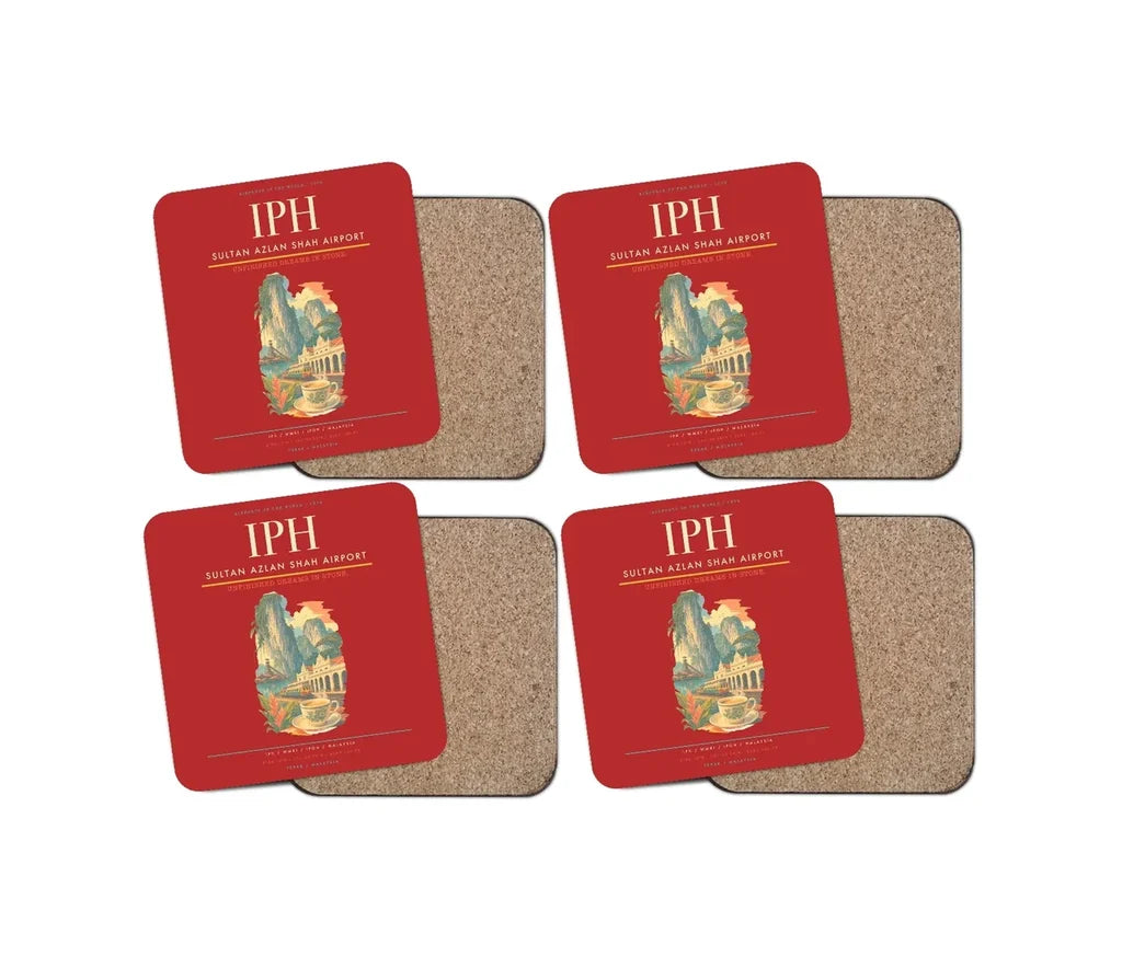 Sultan Azlan Shah Airport (IPH) design on red 4 pieces set coaster