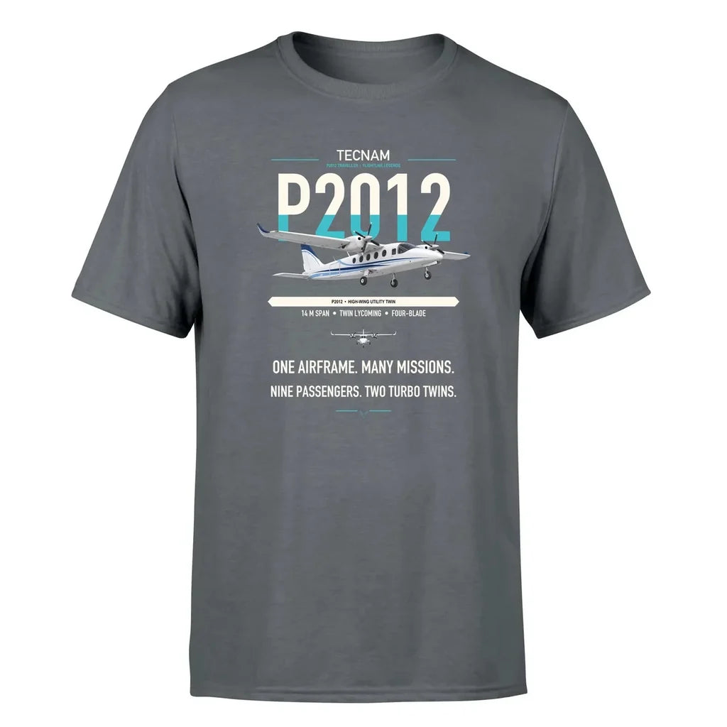 Tecnam P2012 Traveller design on gray t-shirt, single-side print