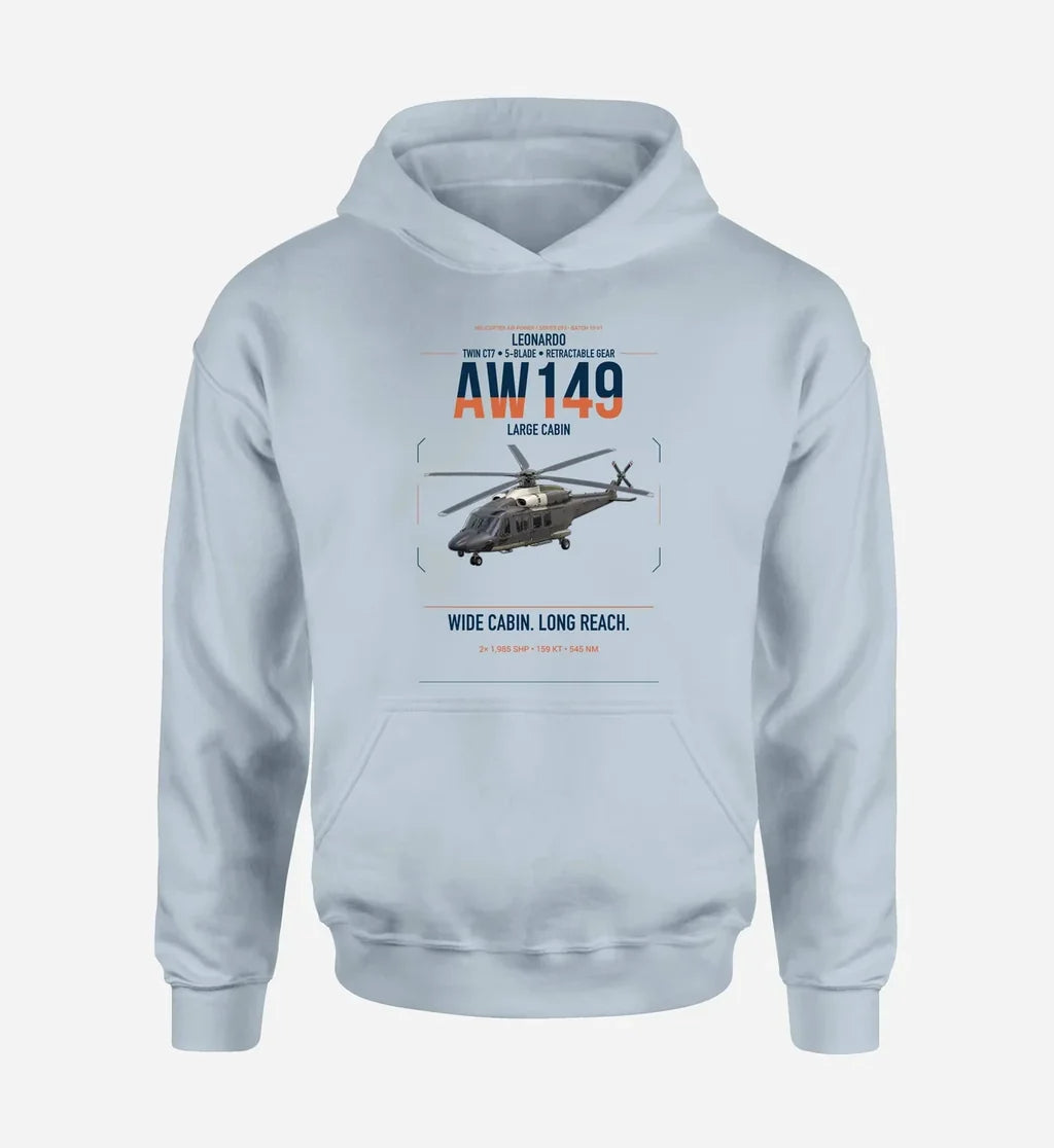 Leonardo AW149 design on light blue double-side hoodie, single-side print