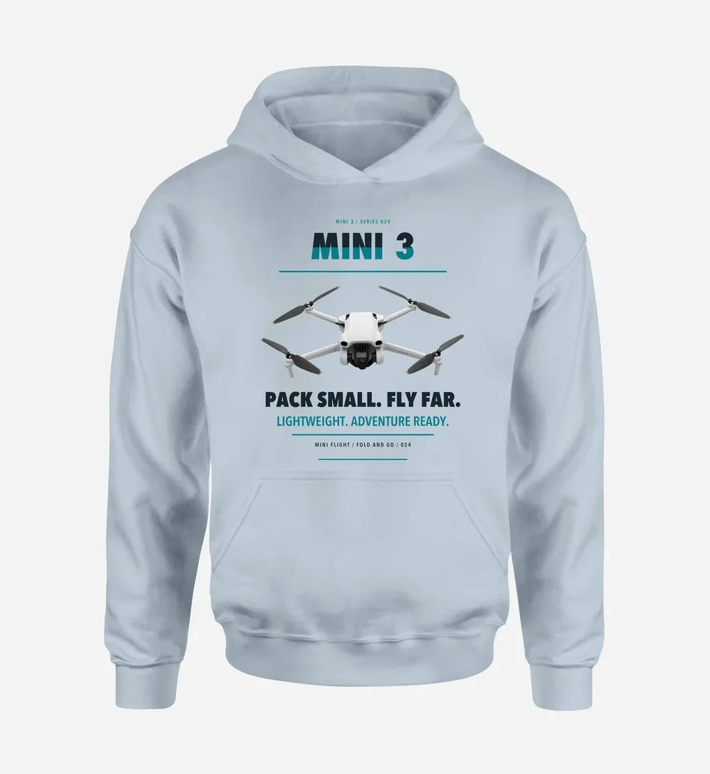 DJI Mini 3 design on light blue hoodie single side