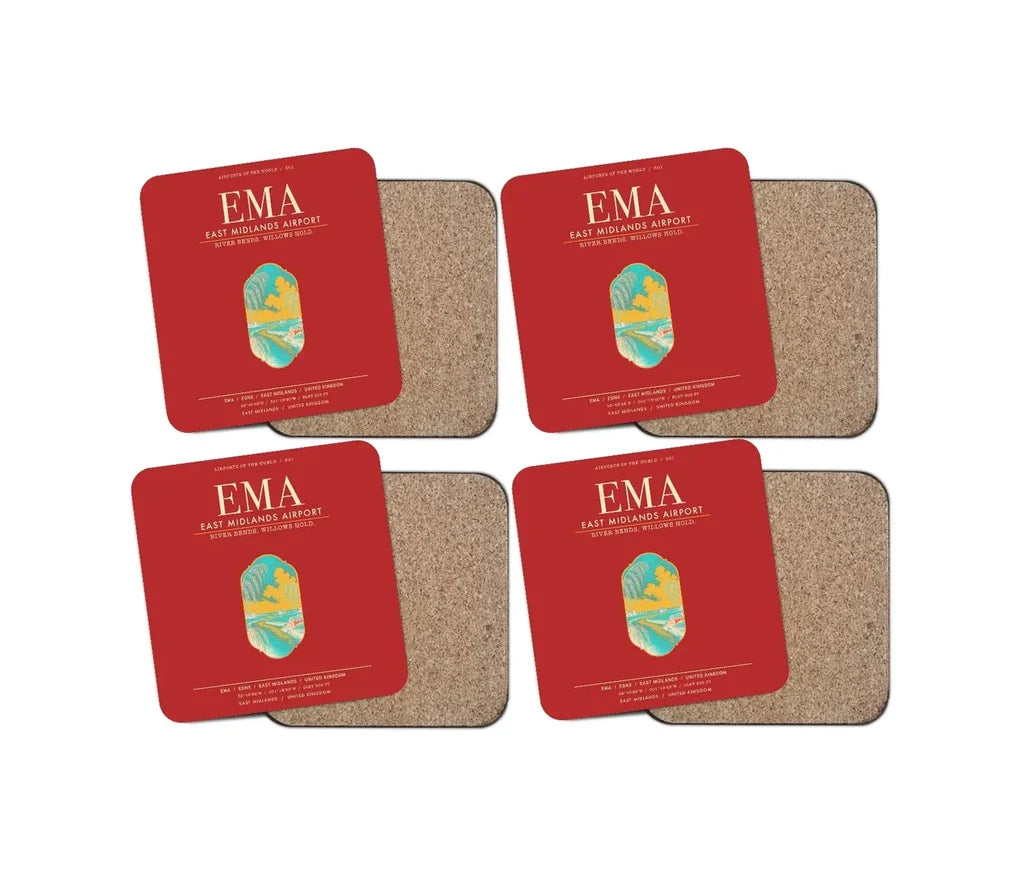 East Midlands Airport (EMA) design on red 4 pieces set coaster