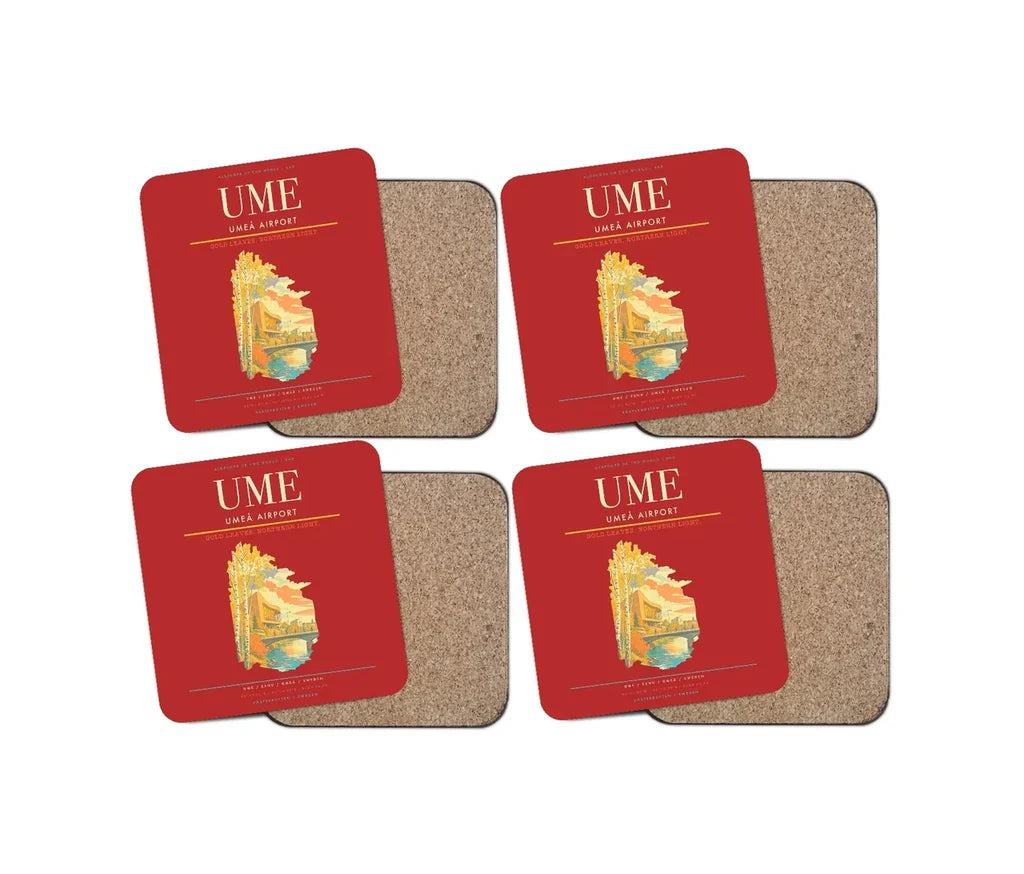 Umeå Airport (UME) design on red 4 pieces set coaster