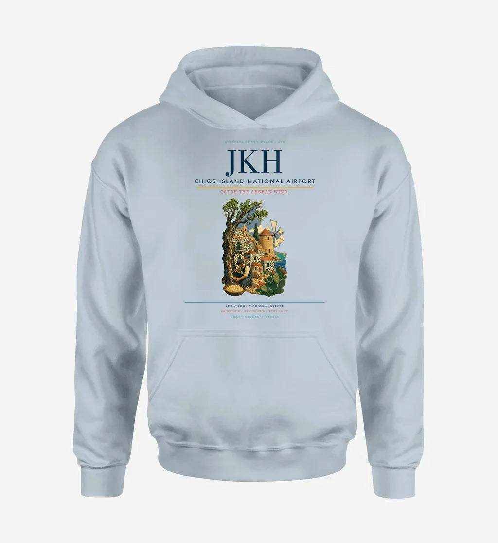 Chios Island National Airport (JKH) design on light blue hoodie single-side print