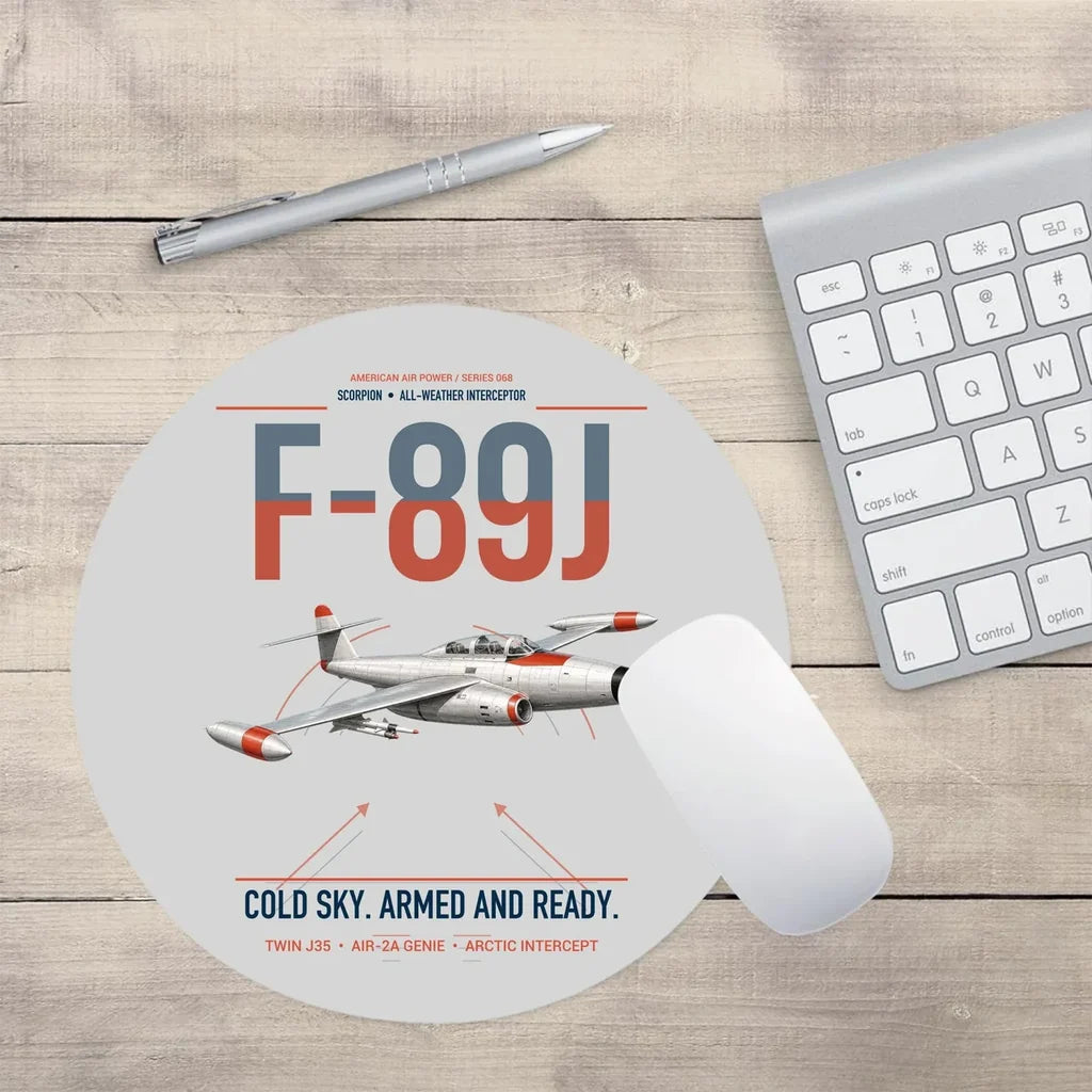 F-89J Scorpion design on light gray round mouse pad