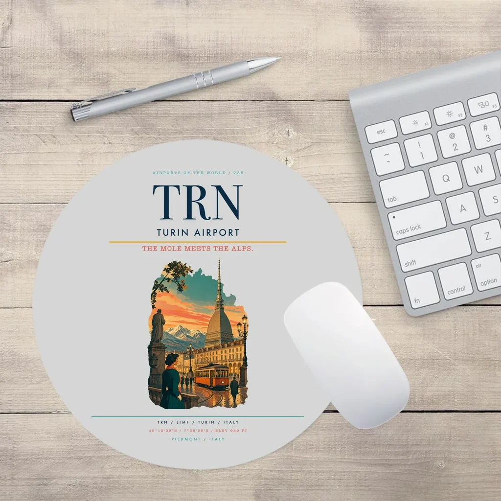Turin Airport (TRN) design on light gray round mouse pad