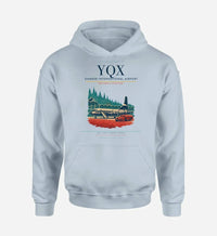 Thumbnail for Gander International Airport (YQX) design on light blue hoodie single-side print