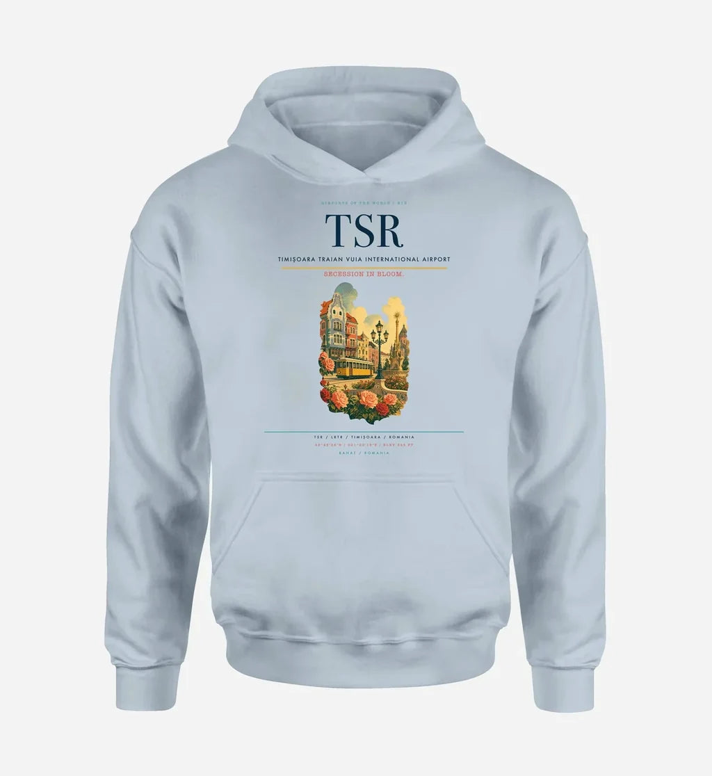 Timișoara Traian Vuia International Airport (TSR) design on light blue hoodie single-side print