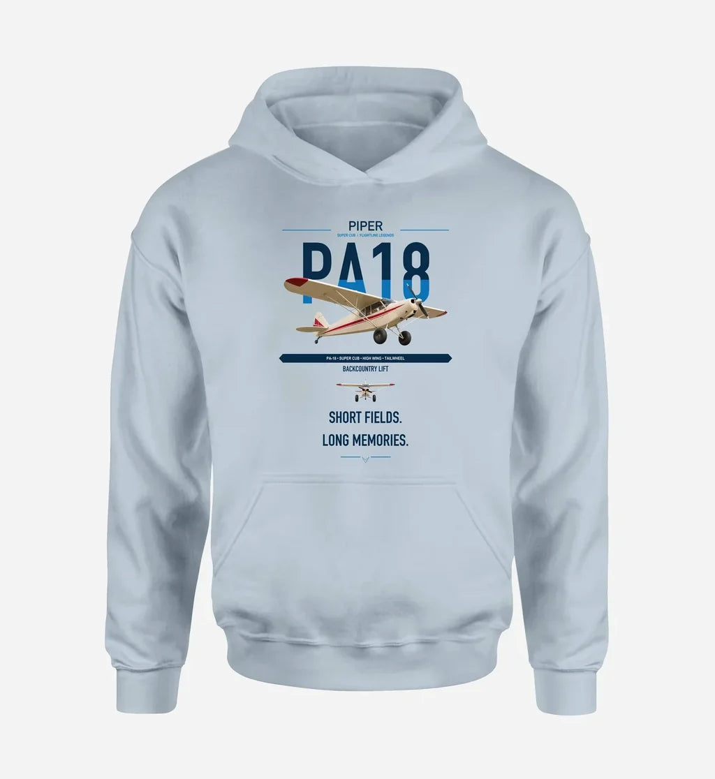 Piper PA-18 Super Cub design on light blue double-side hoodie, single-side print