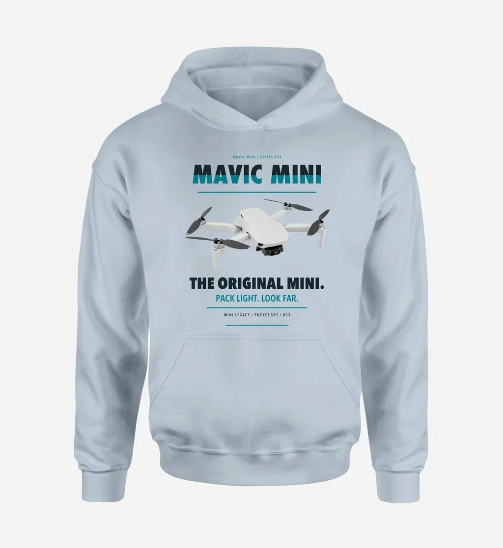 DJI Mavic Mini design on light blue hoodie single side