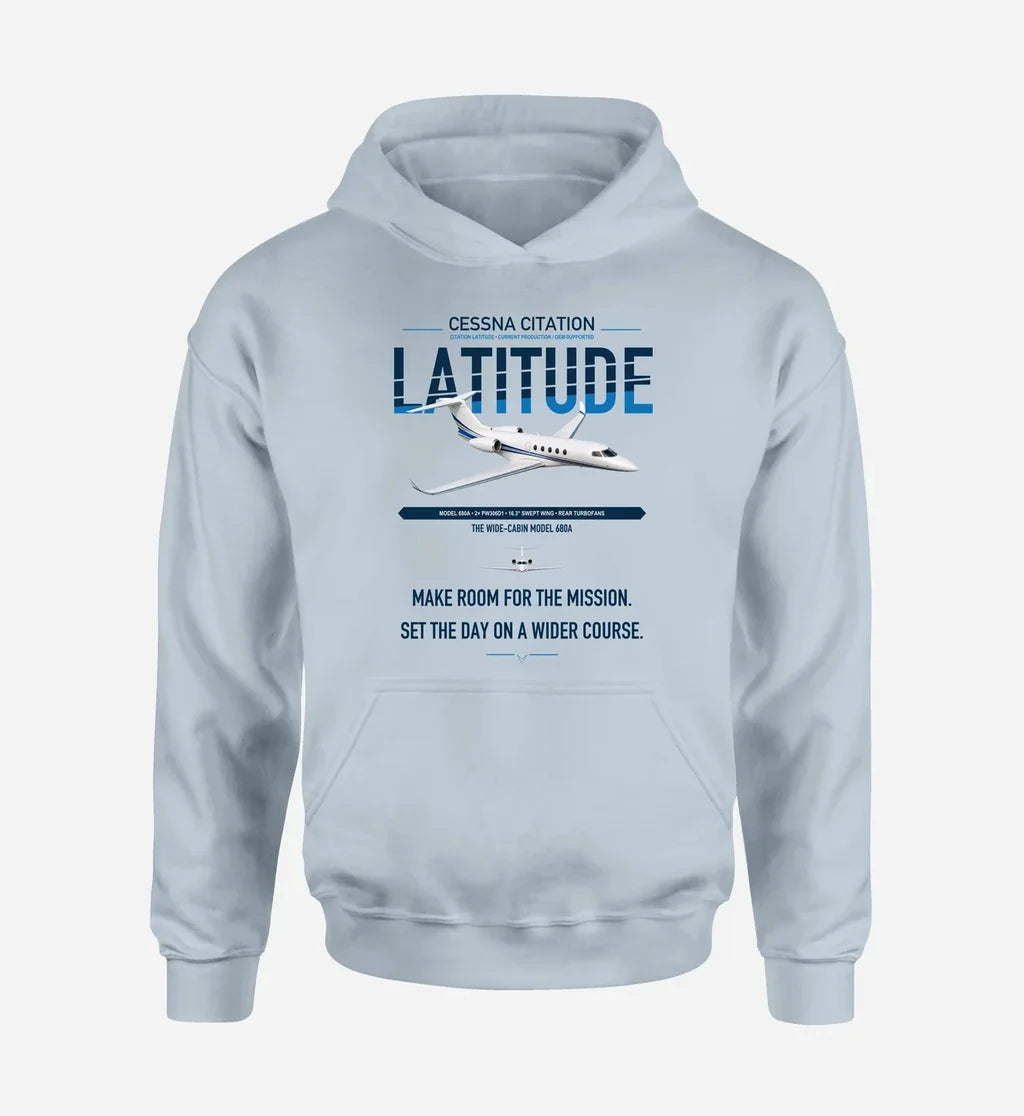 Cessna Citation Latitude design on light blue double-side hoodie, single-side print