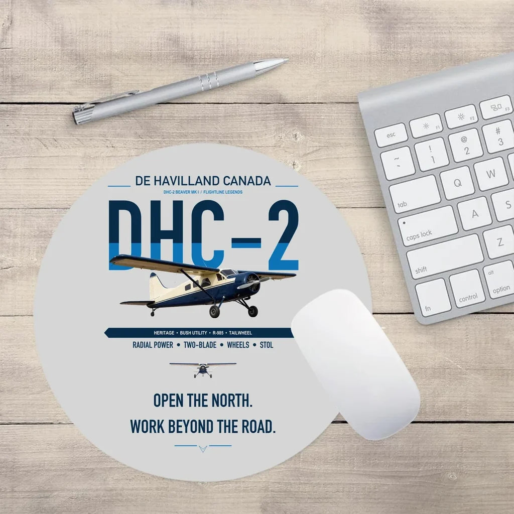 DHC-2 Beaver Mk I design on light gray round mouse pad