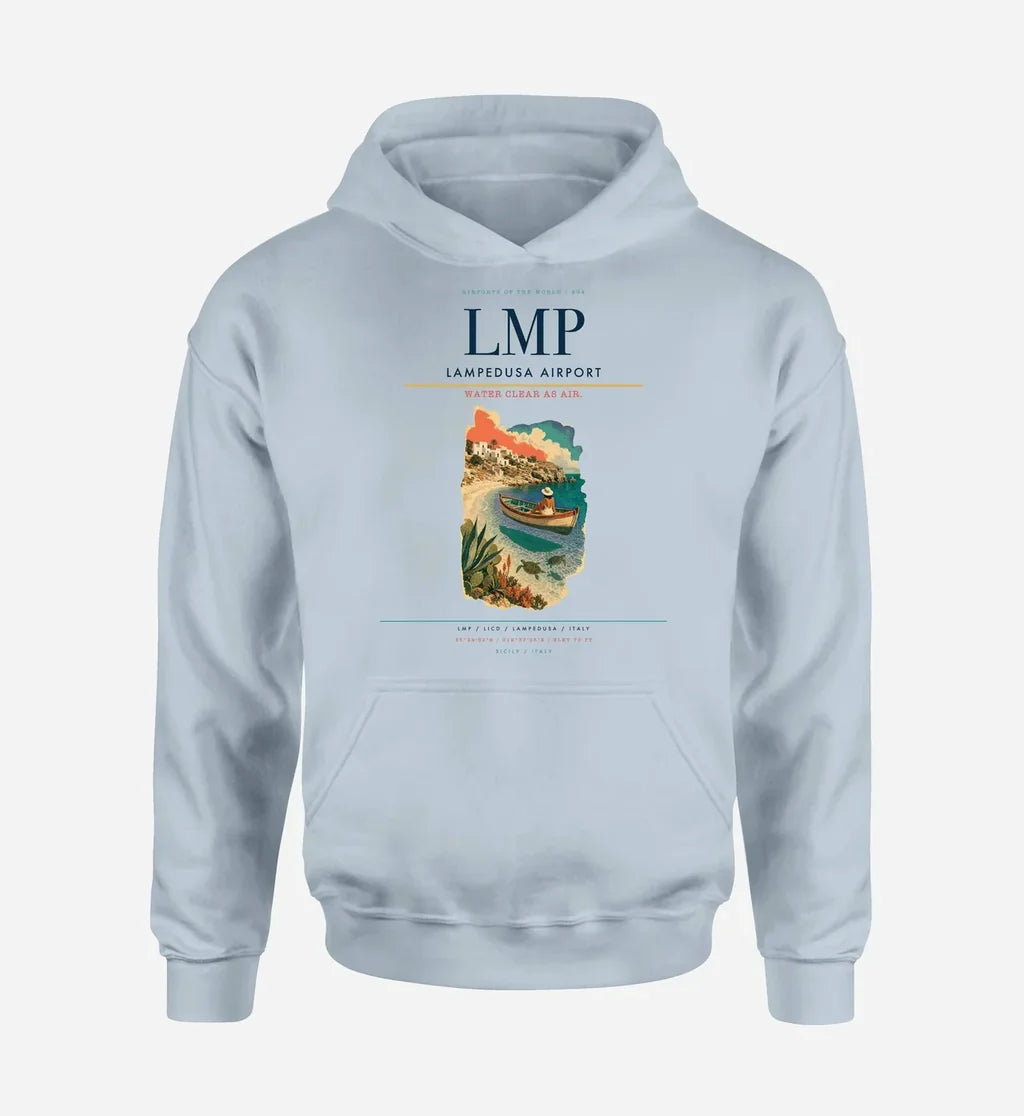 Lampedusa Airport (LMP) design on light blue hoodie single-side print