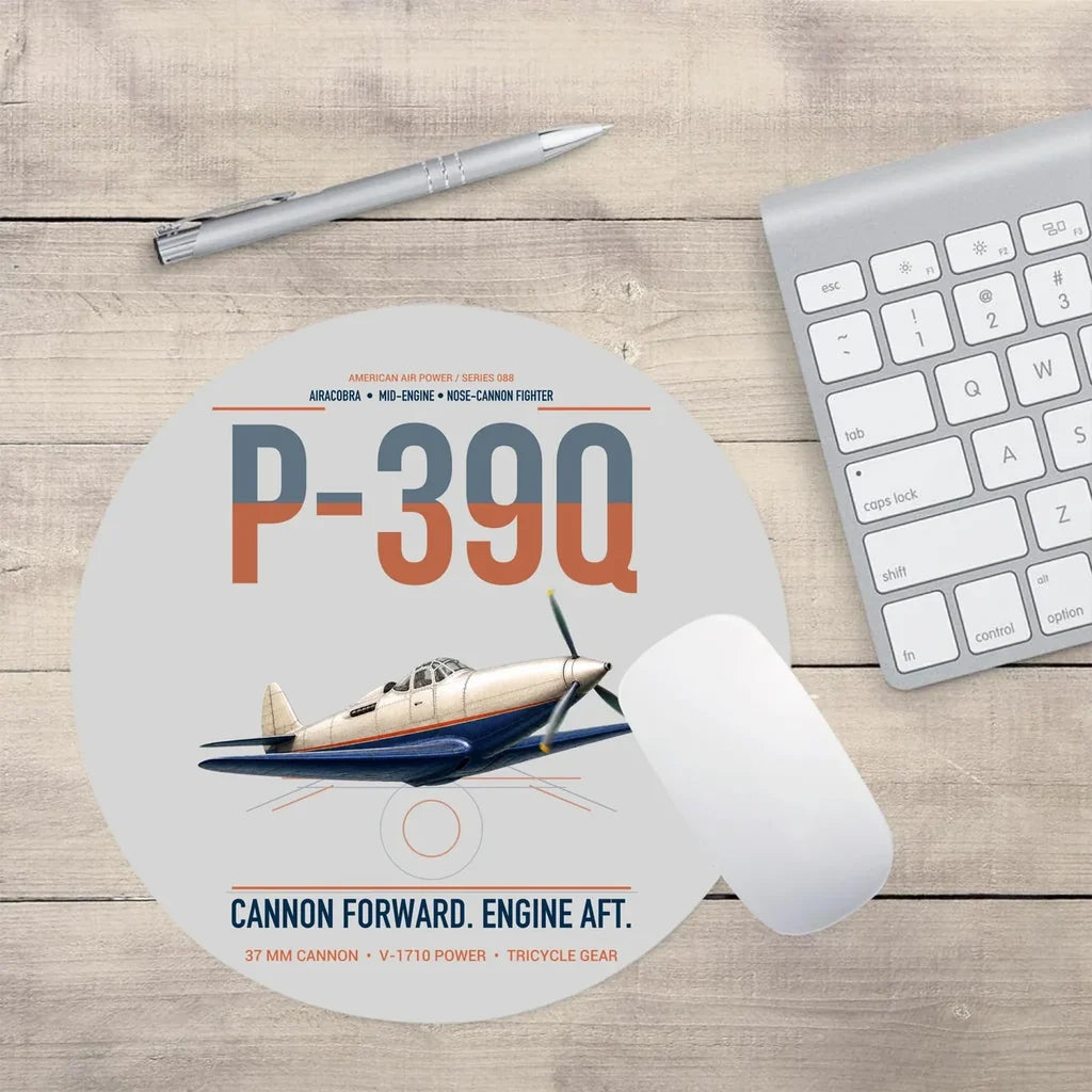 P-39Q Airacobra design on light gray round mouse pad