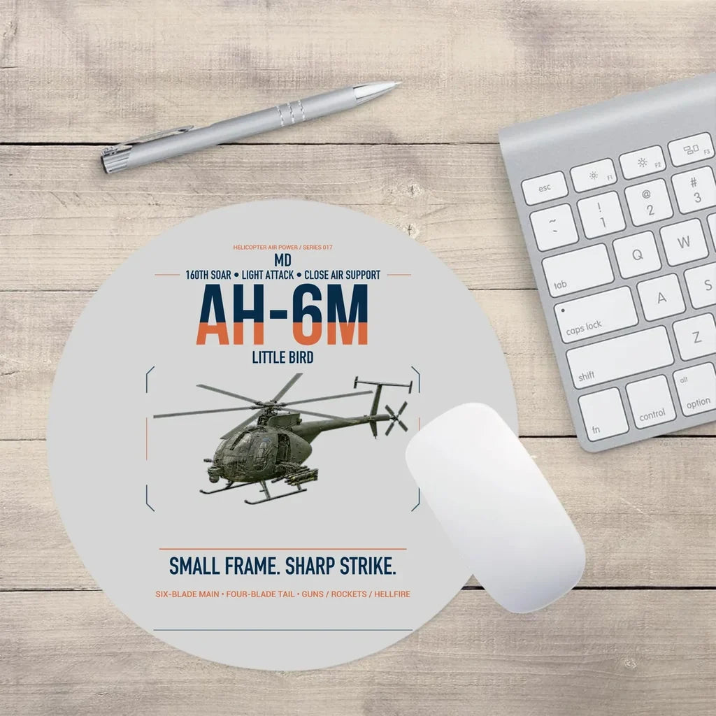 MD AH-6M Little Bird design on light gray round mouse pad