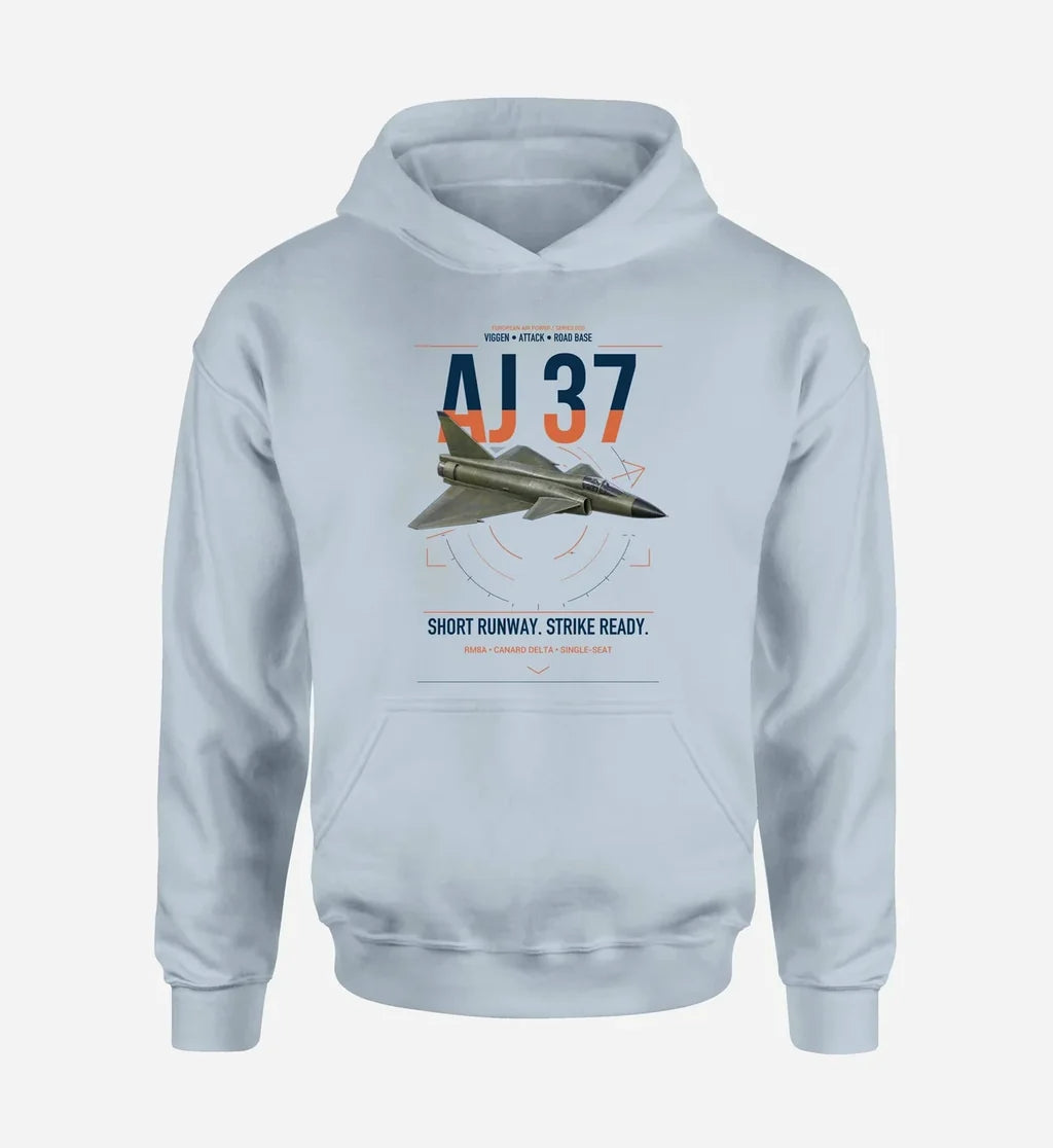 Saab AJ 37 Viggen design on light blue double-side hoodie, single-side print