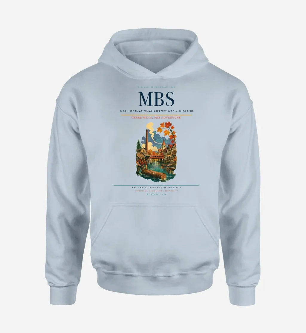 MBS International Airport (MBS) design on light blue hoodie single-side print