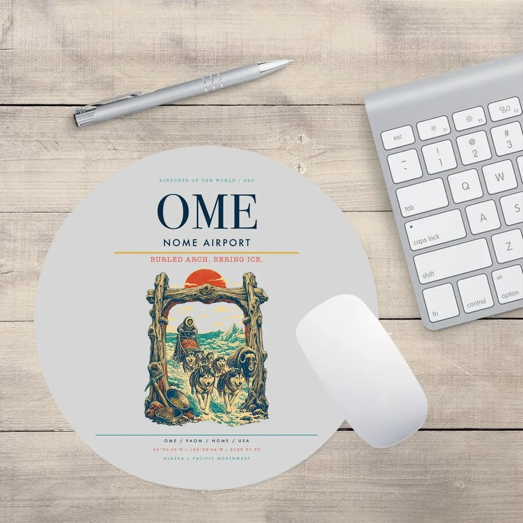 Nome Airport (OME) design on light gray round mouse pad