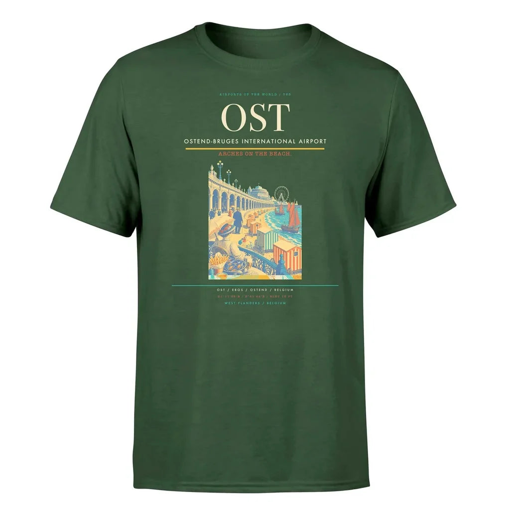 Ostend-Bruges International Airport (OST) T-Shirt single-side front print in Dark Green | ostend-bruges-international-airport-ost-double-side-t-shirt