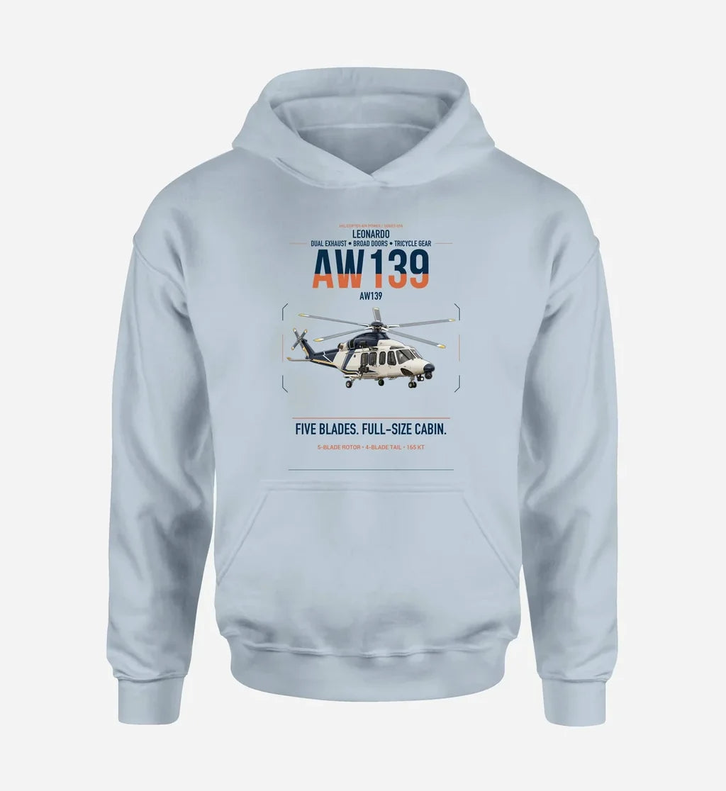 Leonardo AW139 design on light blue double-side hoodie, single-side print