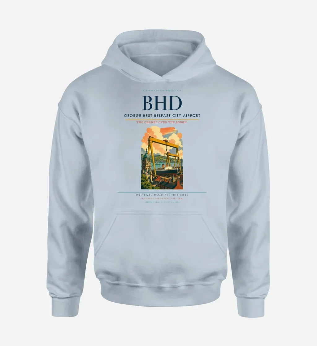 George Best Belfast City Airport (BHD) design on light blue hoodie single-side print