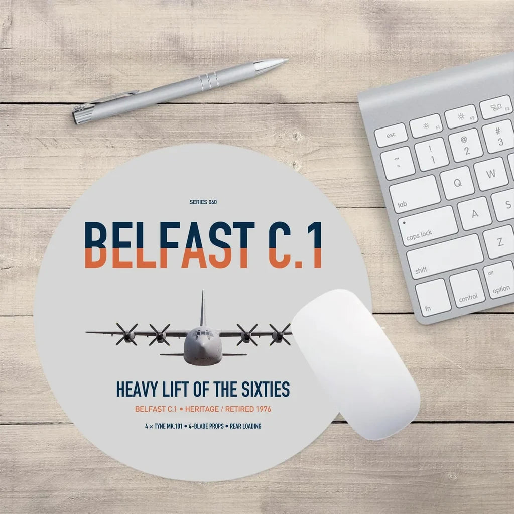 Short Belfast C.1 design on light gray round mouse pad