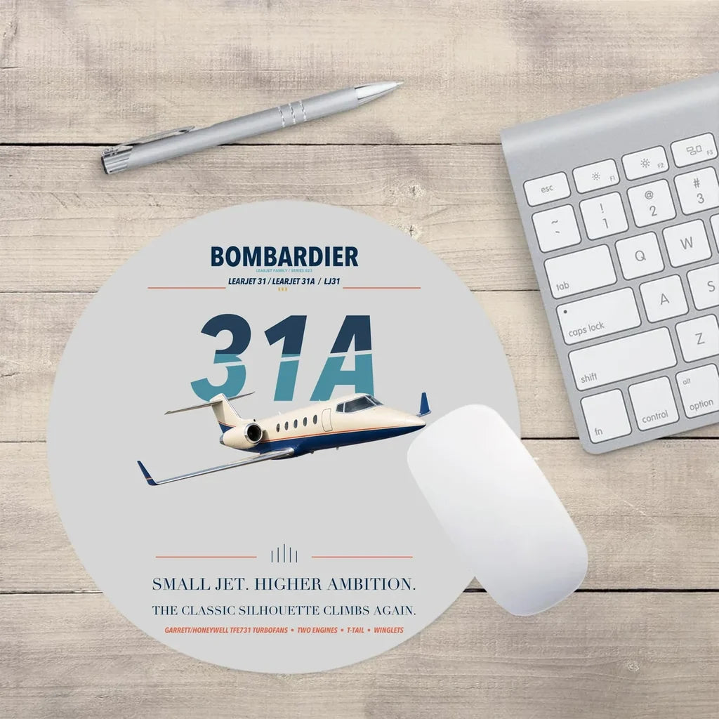Bombardier Learjet 31A design on light gray round mouse pad