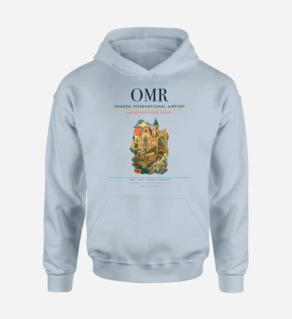 Oradea International Airport (OMR) design on light blue hoodie single-side print