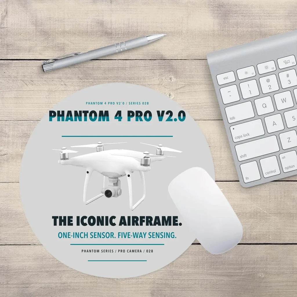 DJI Phantom 4 Pro V2.0 design on light gray round mouse pad