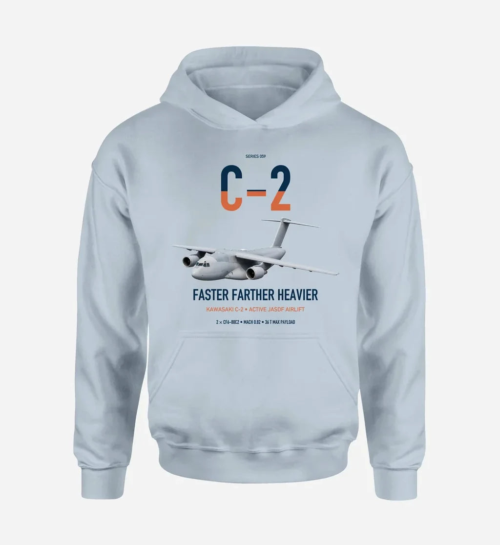 Kawasaki C-2 design on light blue double-side hoodie, single-side print