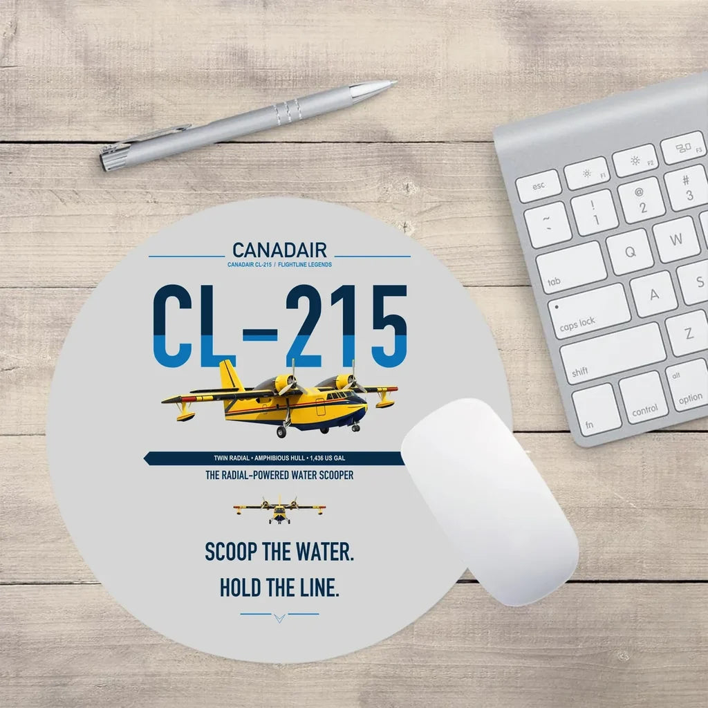 Canadair CL-215 design on light gray round mouse pad