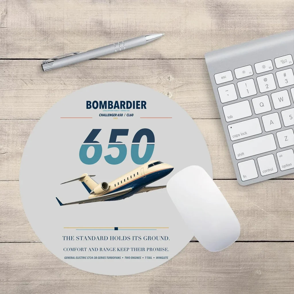 Bombardier Challenger 650 design on light gray round mouse pad