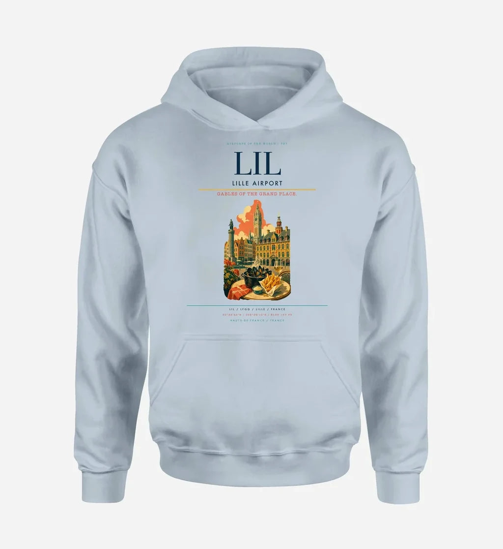 Lille Airport (LIL) design on light blue hoodie single-side print