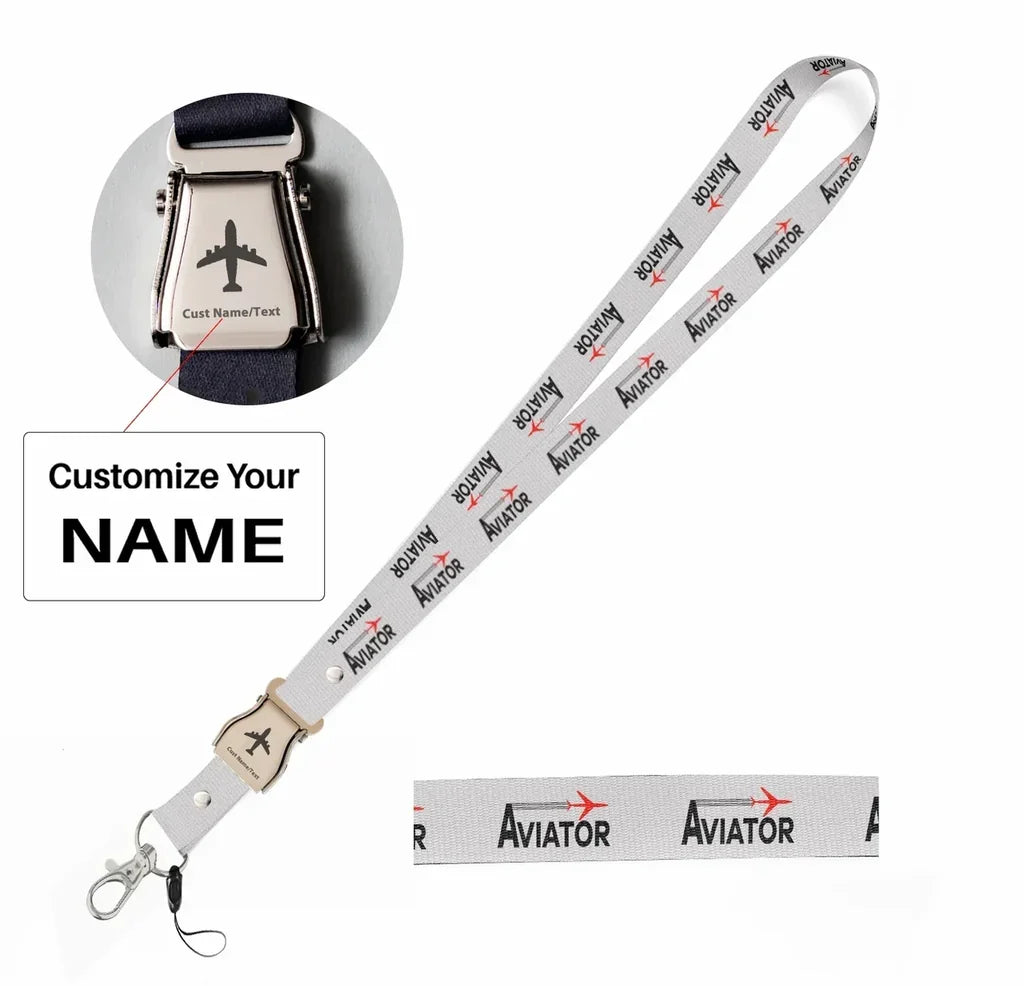 Aviator seat belt lanyard - white with name