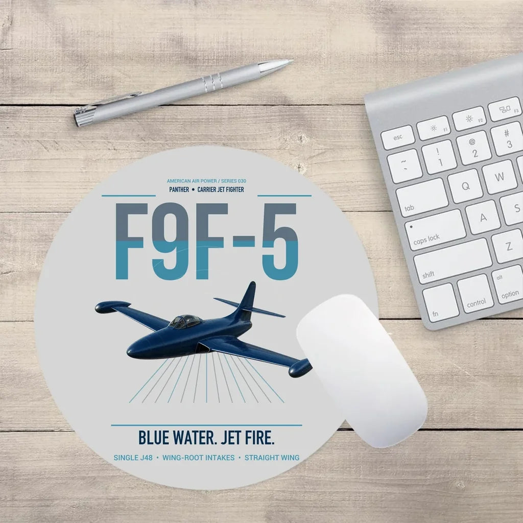 F9F-5 Panther design on light gray round mouse pad
