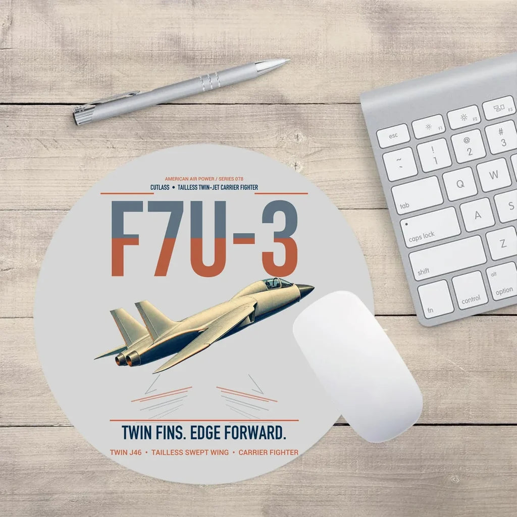 F7U-3 Cutlass design on light gray round mouse pad