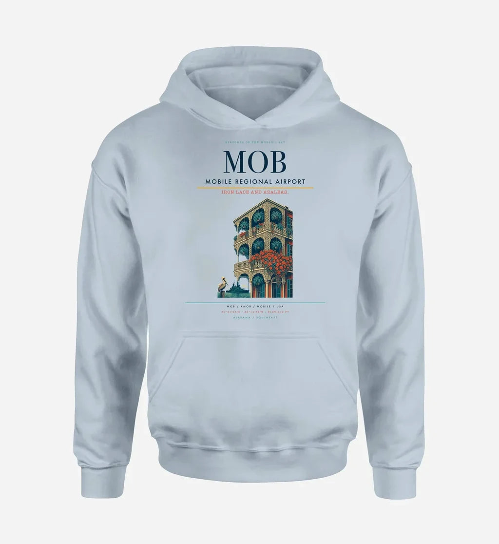Mobile Regional Airport (MOB) design on light blue hoodie single-side print